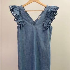 J.Crew Chambray Ruffle-Shoulder Sheath Dress